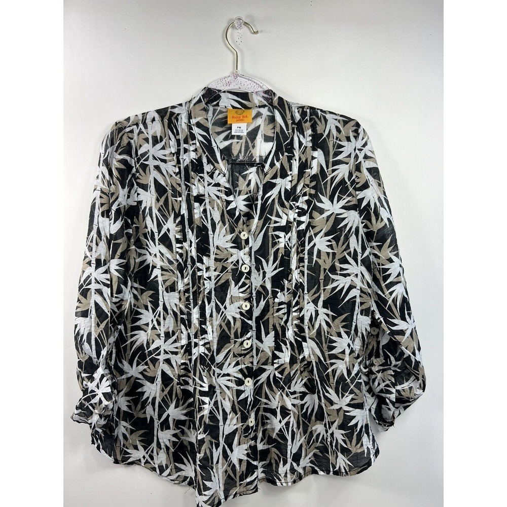 Ruby Rd Tunic Top Women's Sz PM Black/Tan Print Roll Tab Sleeve Button Front